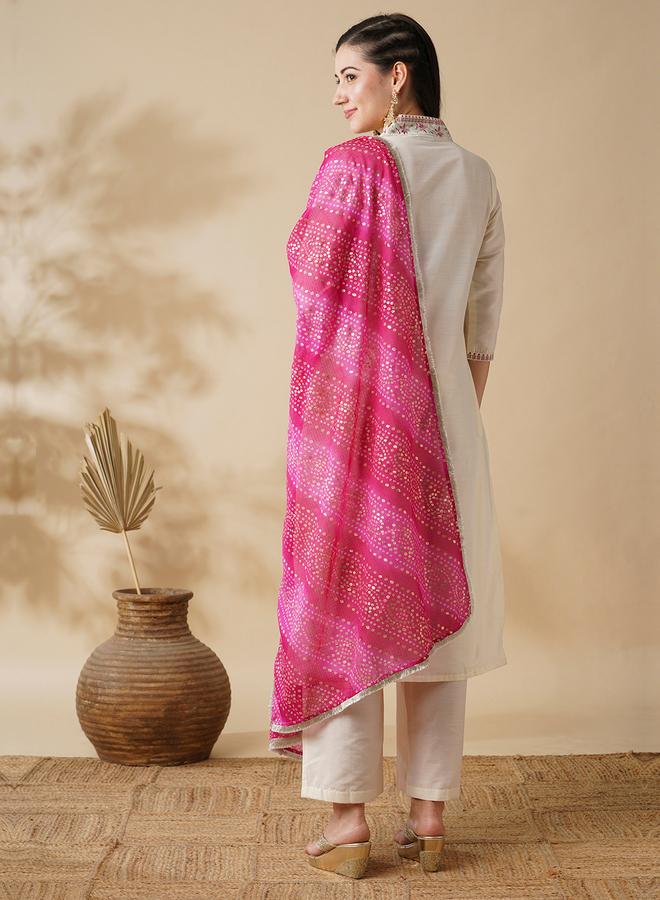globus Women Off White Embroidered Straight Kurta with Pants and Dupatta Set - Image 2